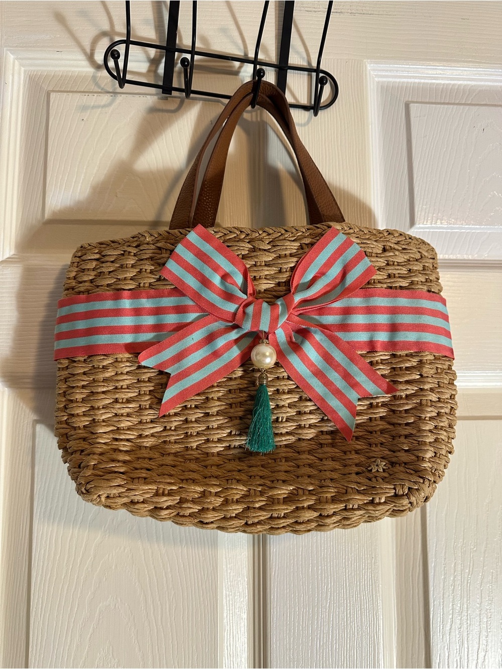 Cappelli Straworld Straw Tote with Coral and Aqua Striped Bow